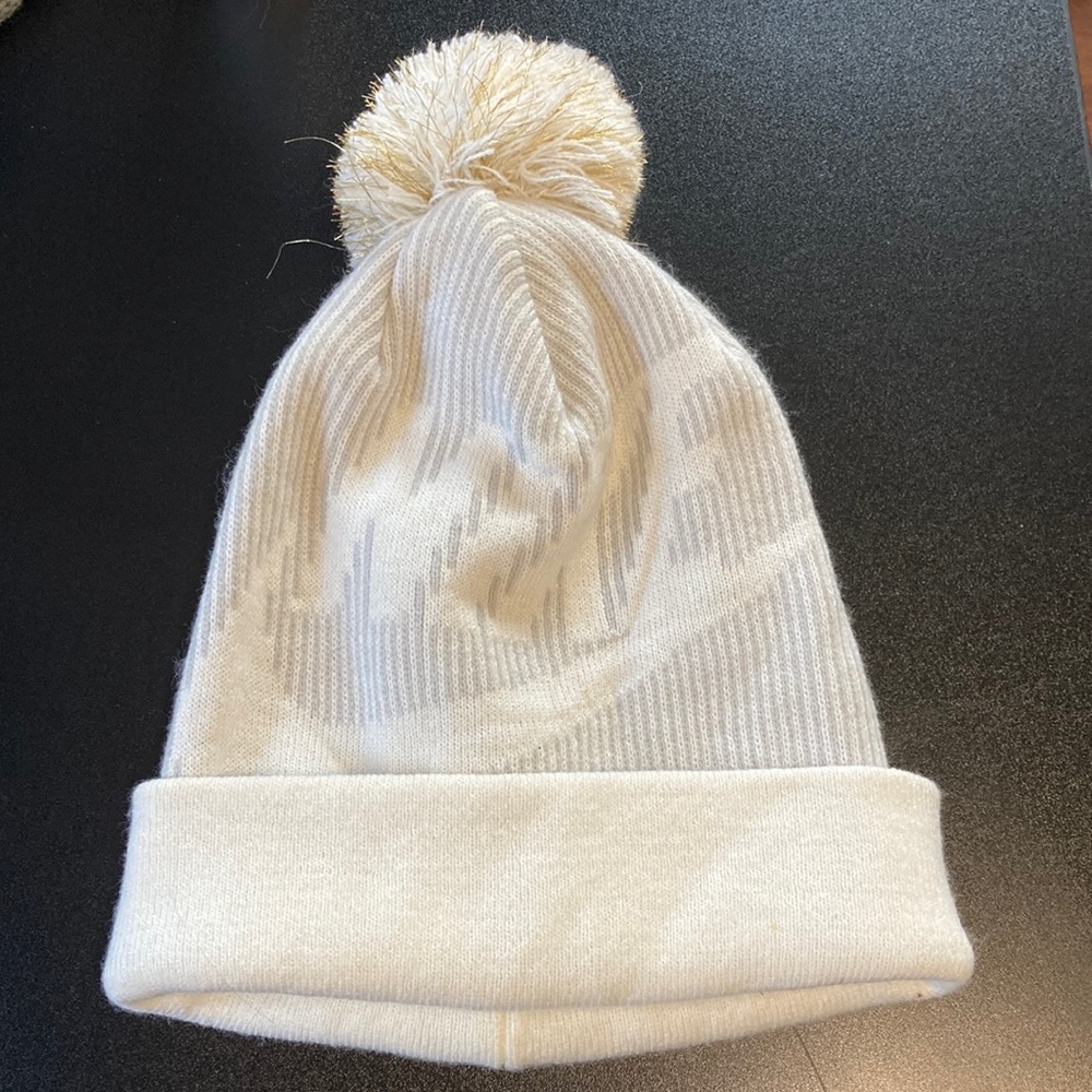 White & Grey Nike Beanie with Removable White & Gold Pom